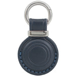 Blue leather keychain with silver ring on a white background 