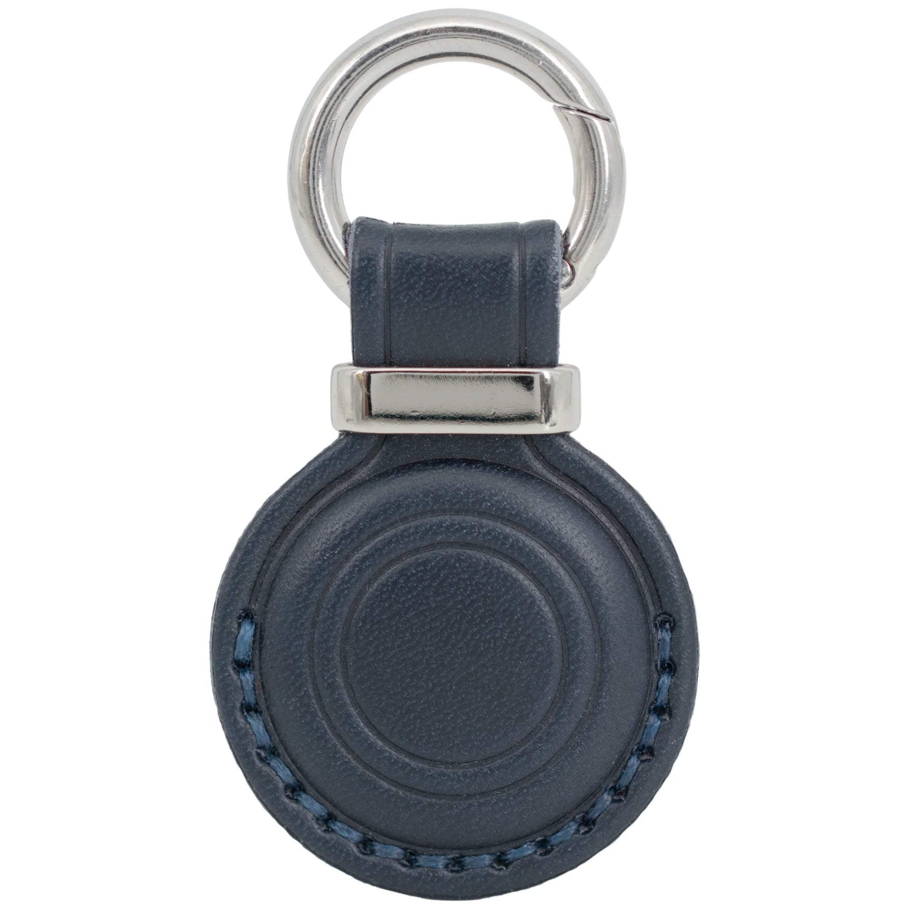 Blue leather keychain with silver ring on a white background 