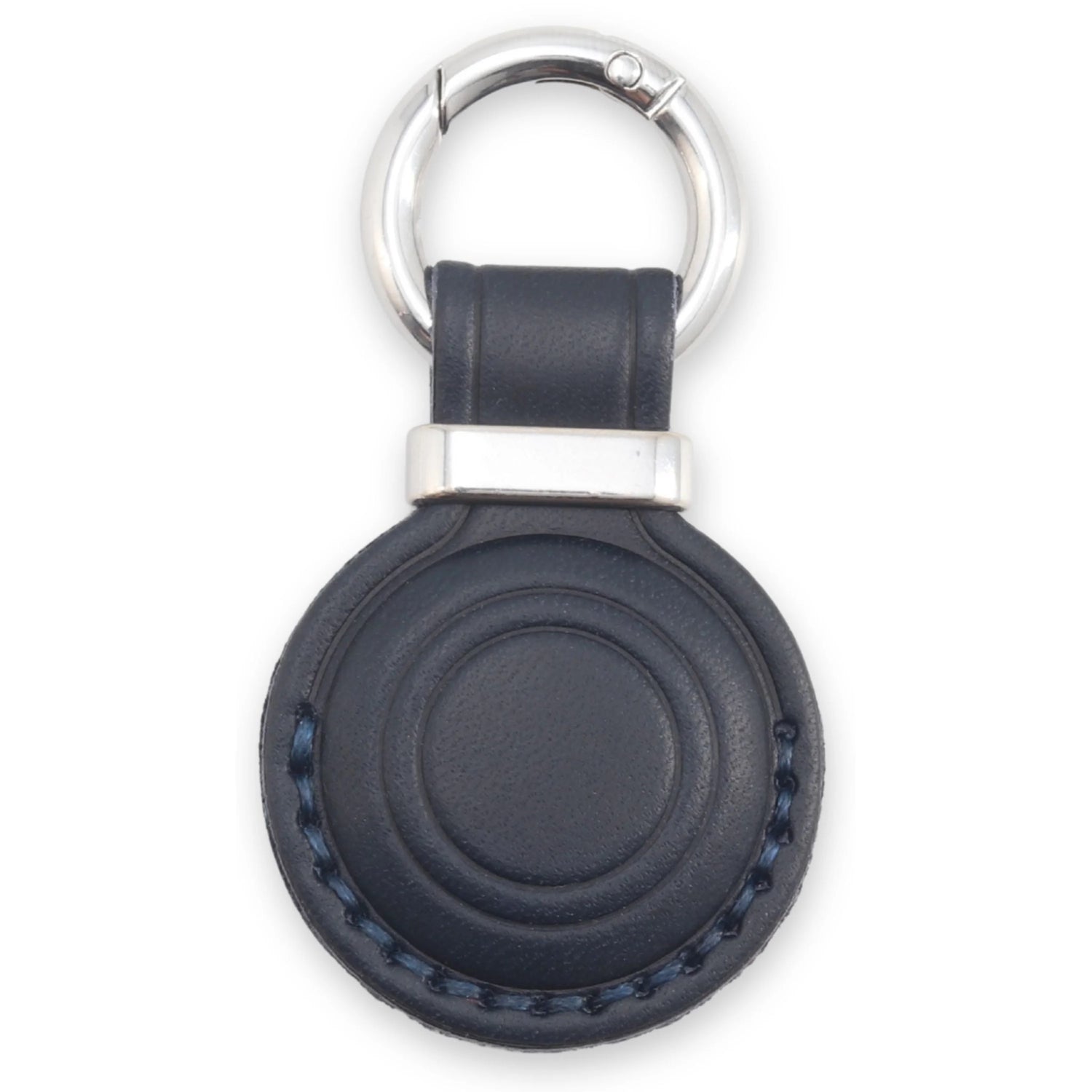 Black leather keychain with silver ring on a white background 