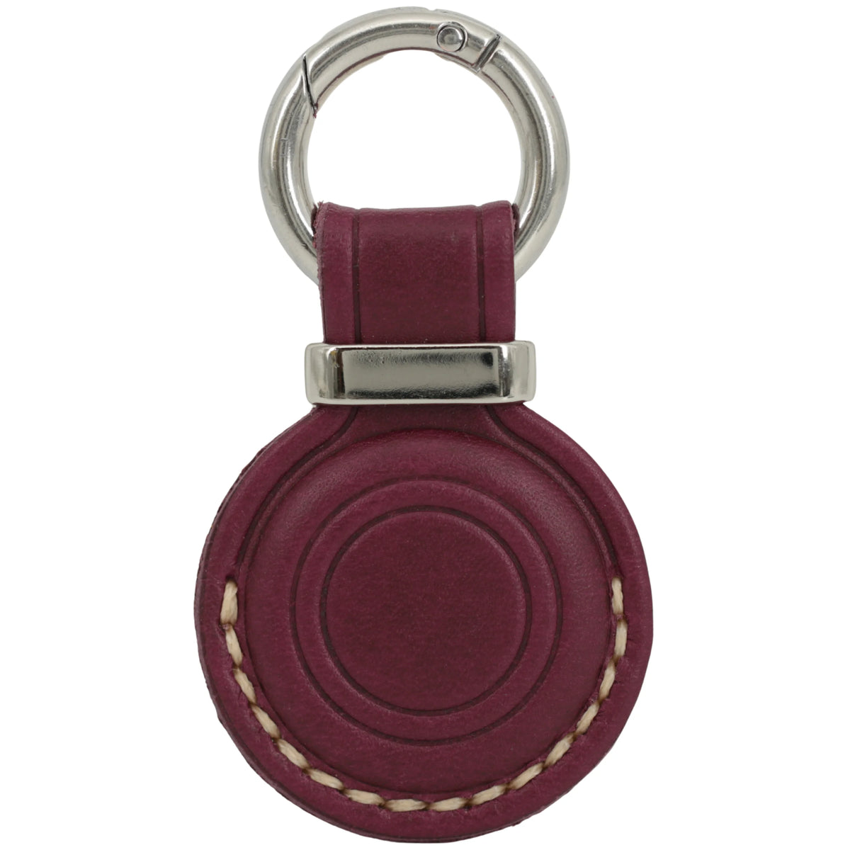 Maroon leather key fob with silver ring on a white background 