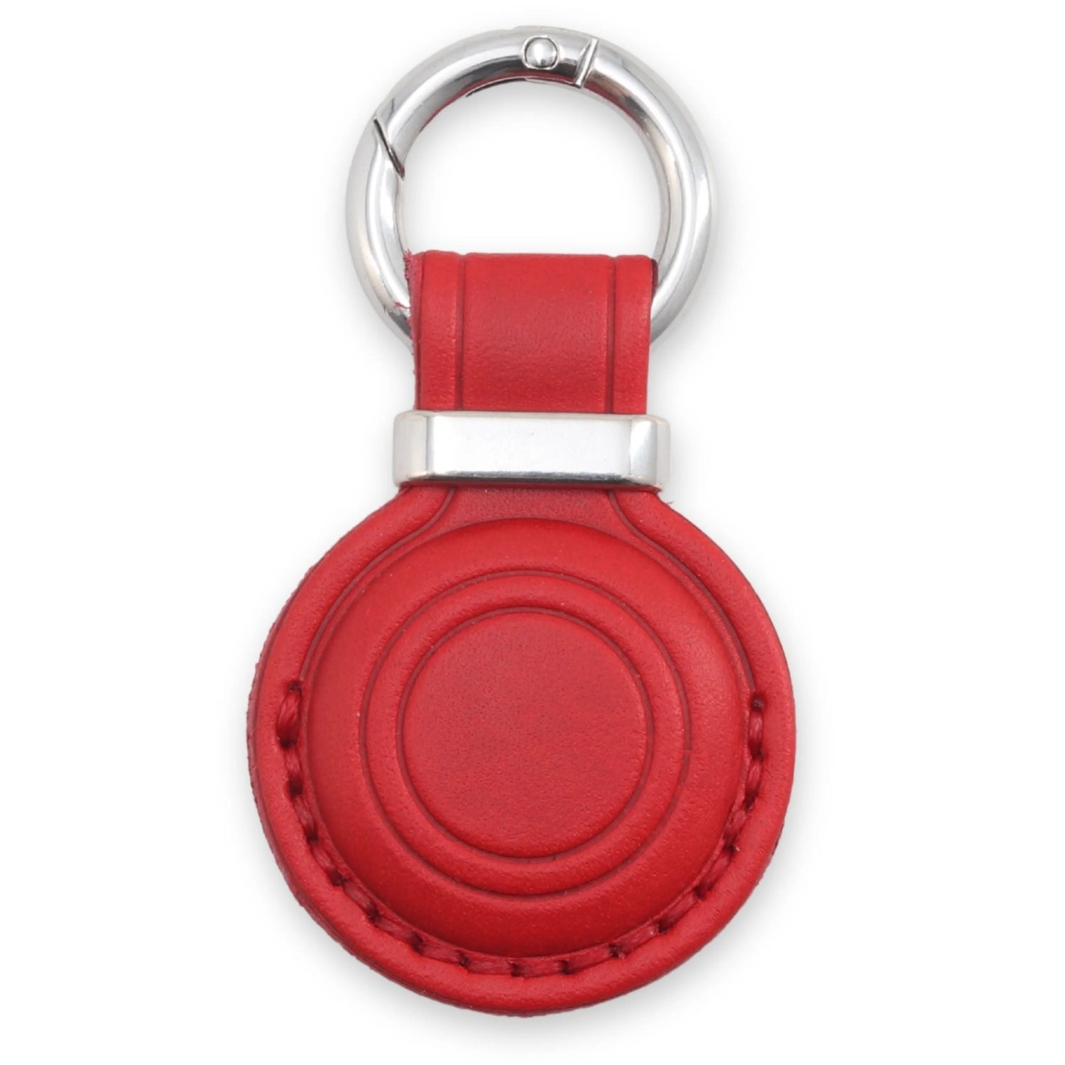 Red leather keychain with silver ring on a white background 