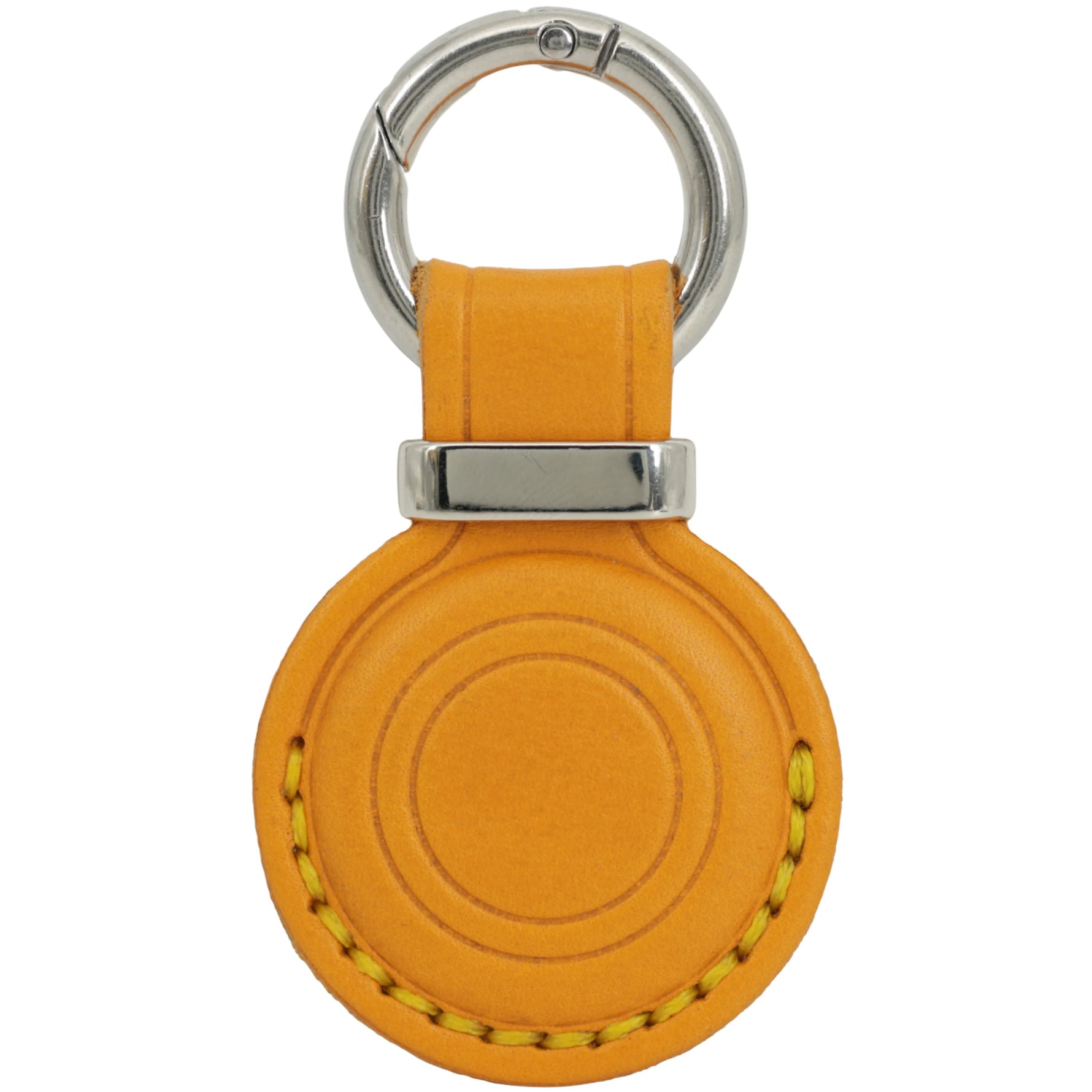 Orange leather keychain with silver ring on a white background 