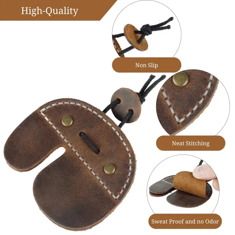 Brown leather archery finger tab for secure shooting, part of quality archery equipment 