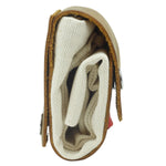 Small leather pouch with white fabric inside on a white background 