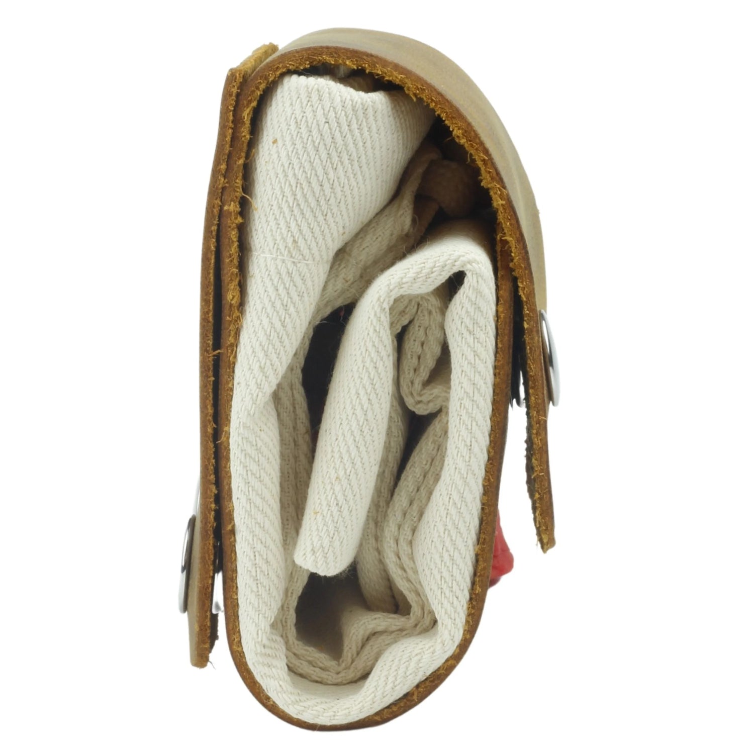 Small leather pouch with white fabric inside on a white background