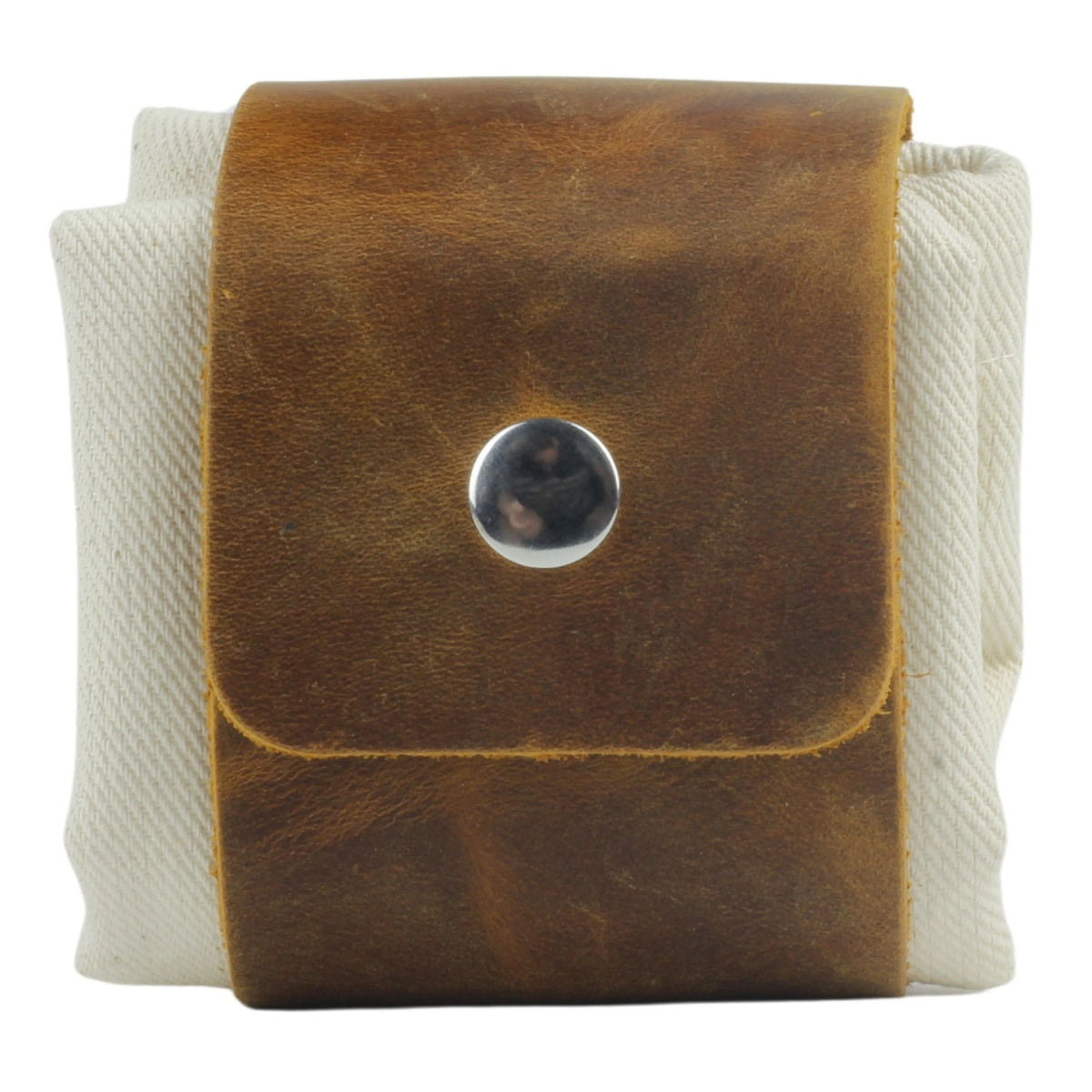 Brown leather pouch with a silver button on a white background 