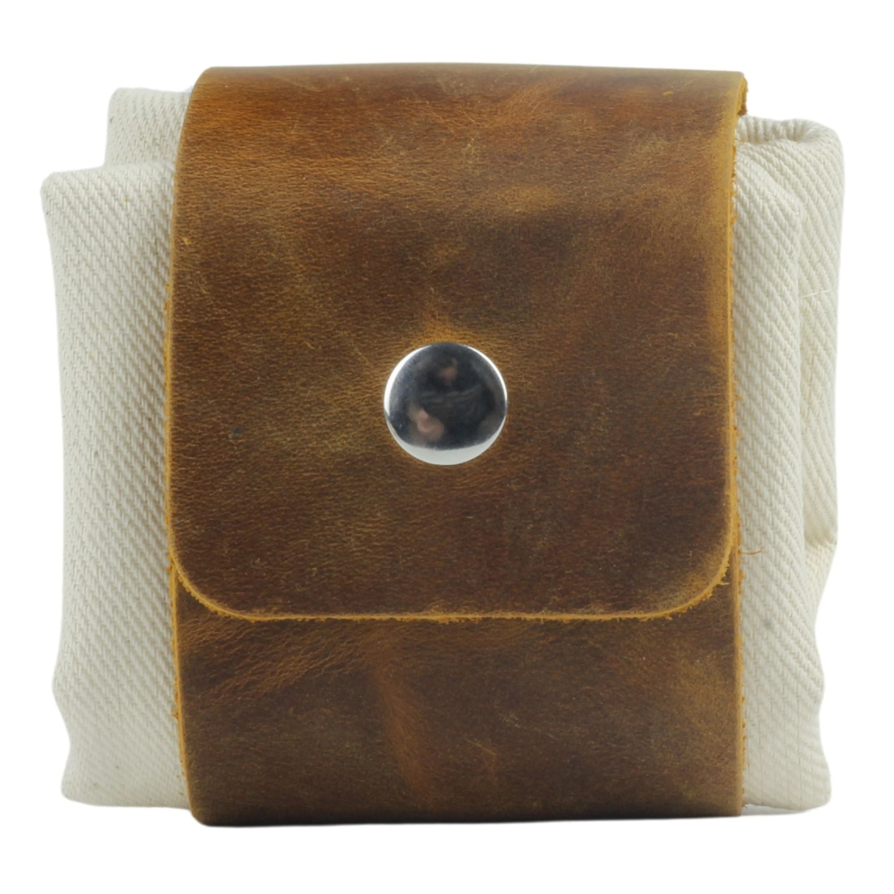 Brown leather pouch with a silver button on a white background 