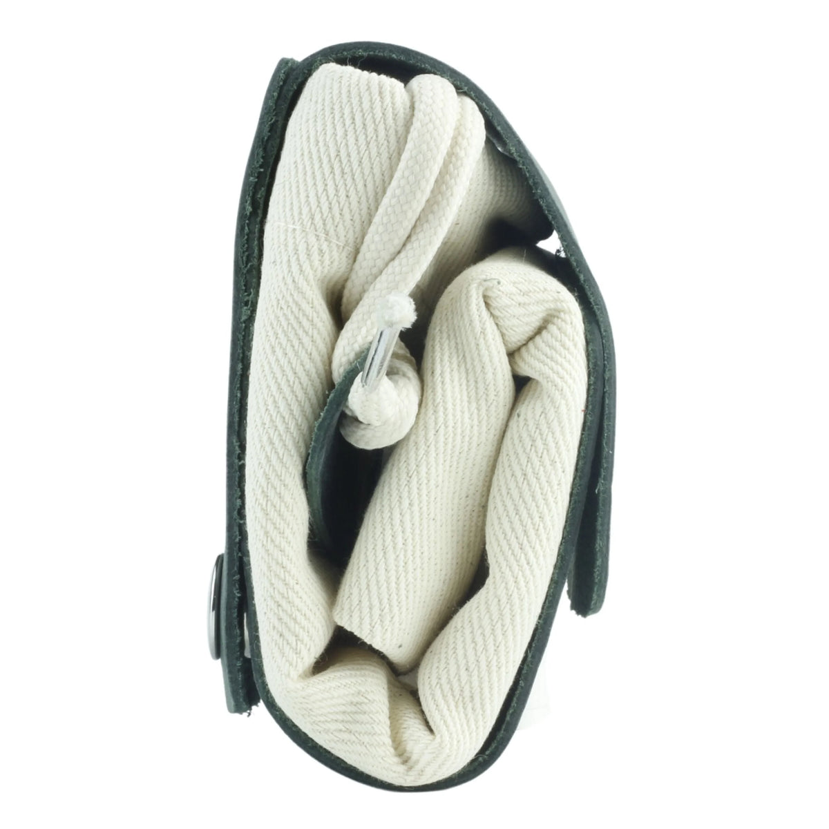 Coiled white rope in a black holder on a white background 