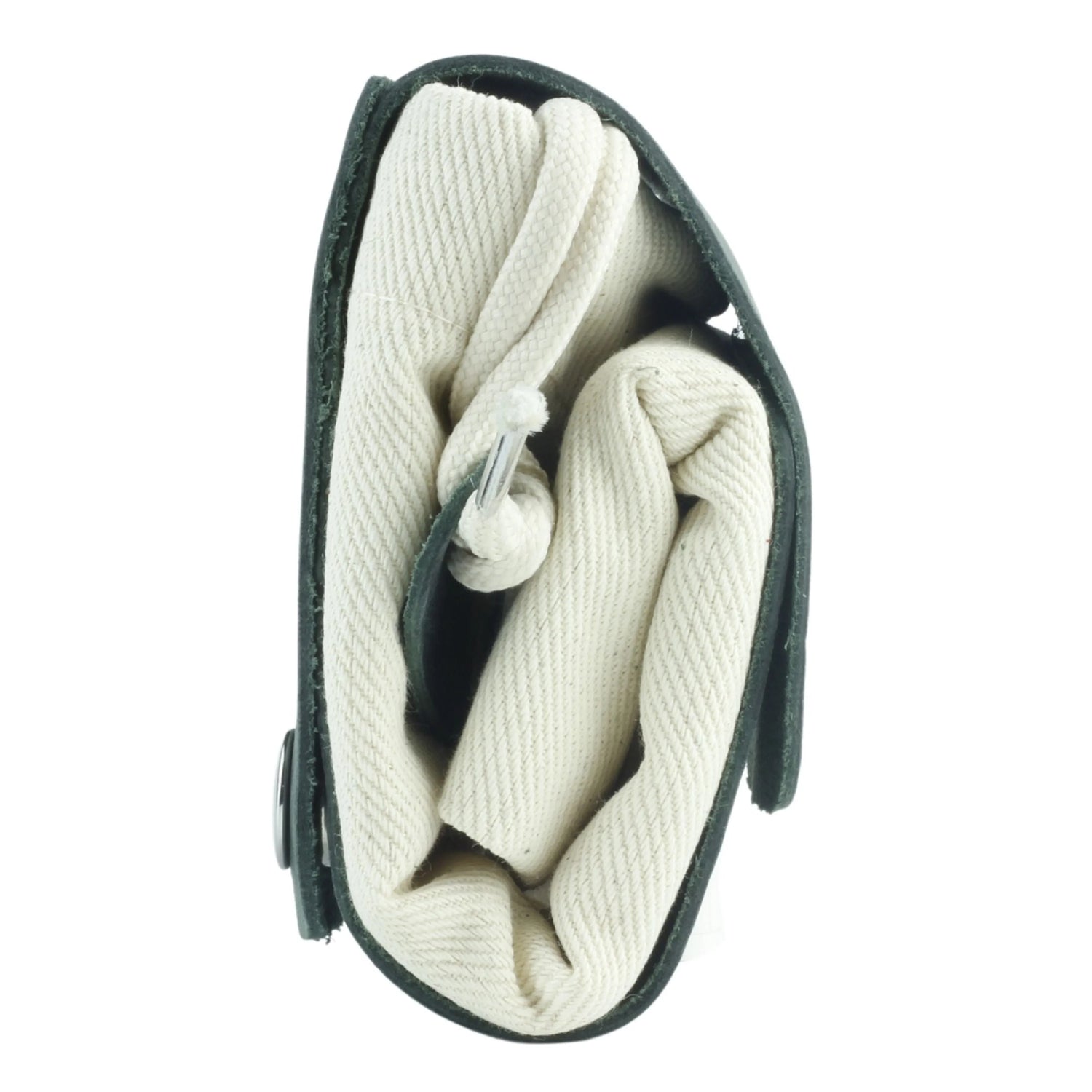 Coiled white rope in a black holder on a white background