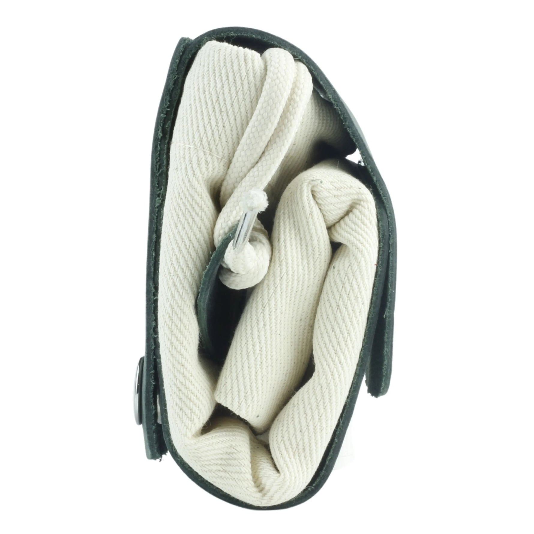 Coiled white rope in a black holder on a white background 