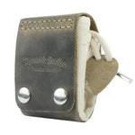 Leather tool belt with rope and metal buckle on a white background 
