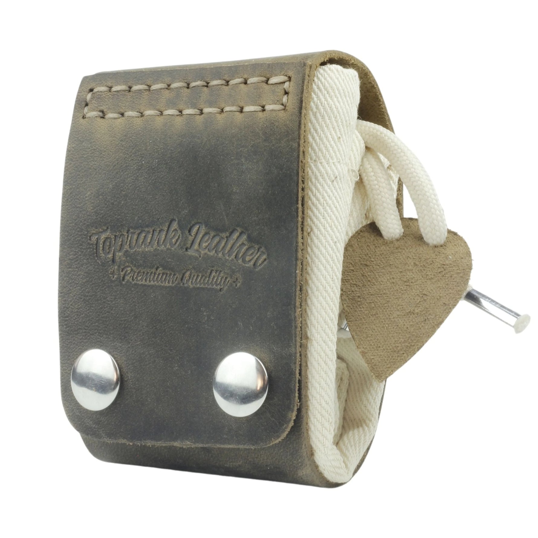 Leather tool belt with rope and metal buckle on a white background 
