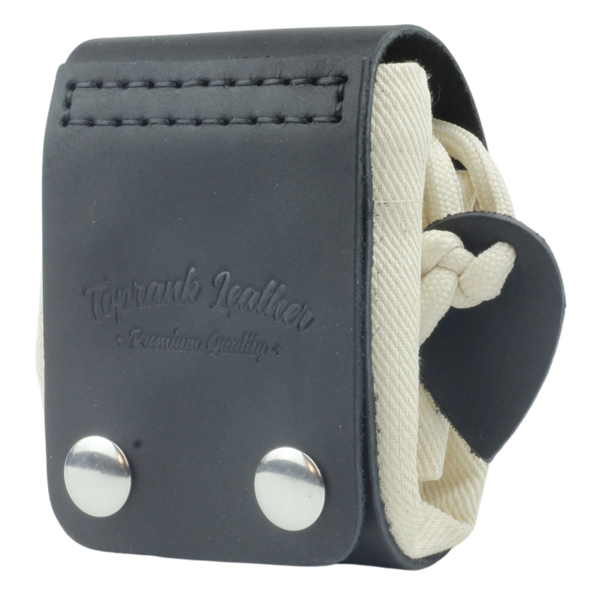 Black leather strap holder with white rope and silver buttons on a white background 