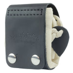 Black leather strap holder with white rope and silver buttons on a white background 