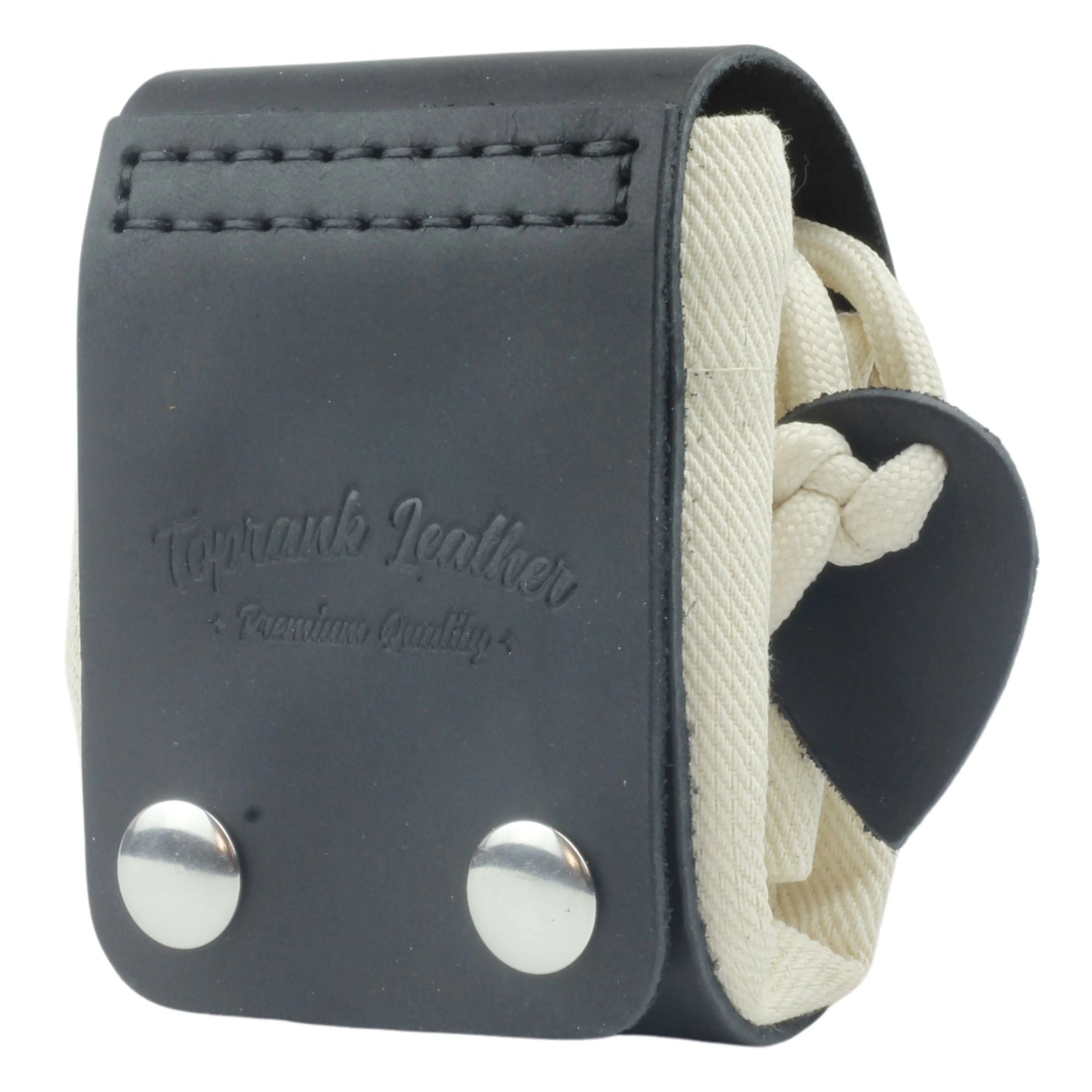 Black leather strap holder with white rope and silver buttons on a white background 