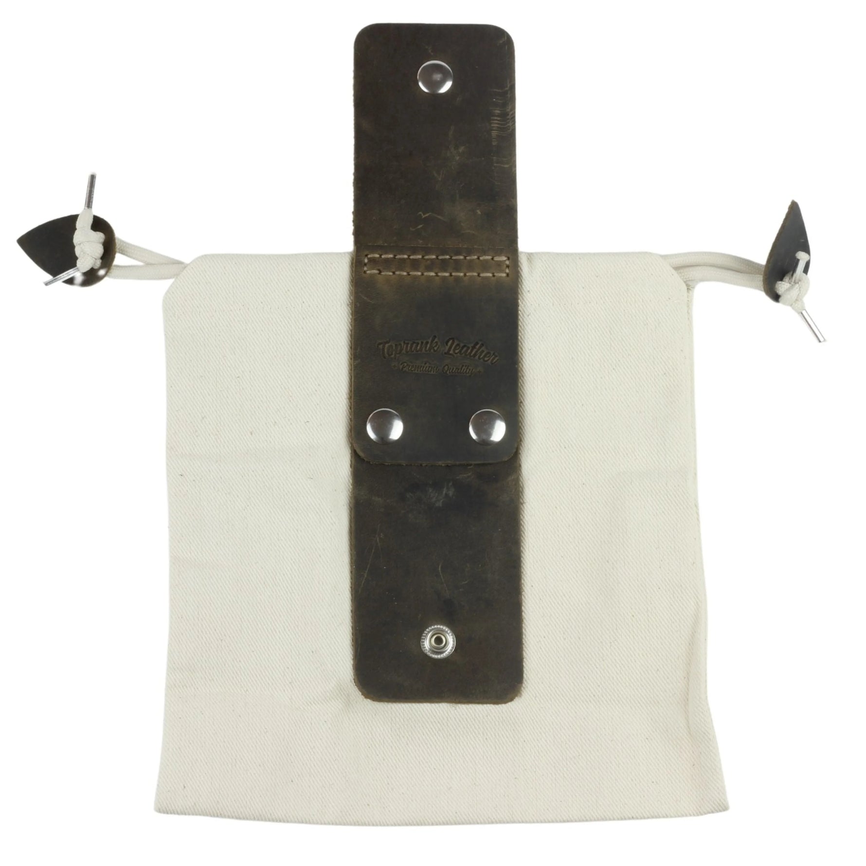 Canvas pouch with leather strap and metal grommets on a white background 