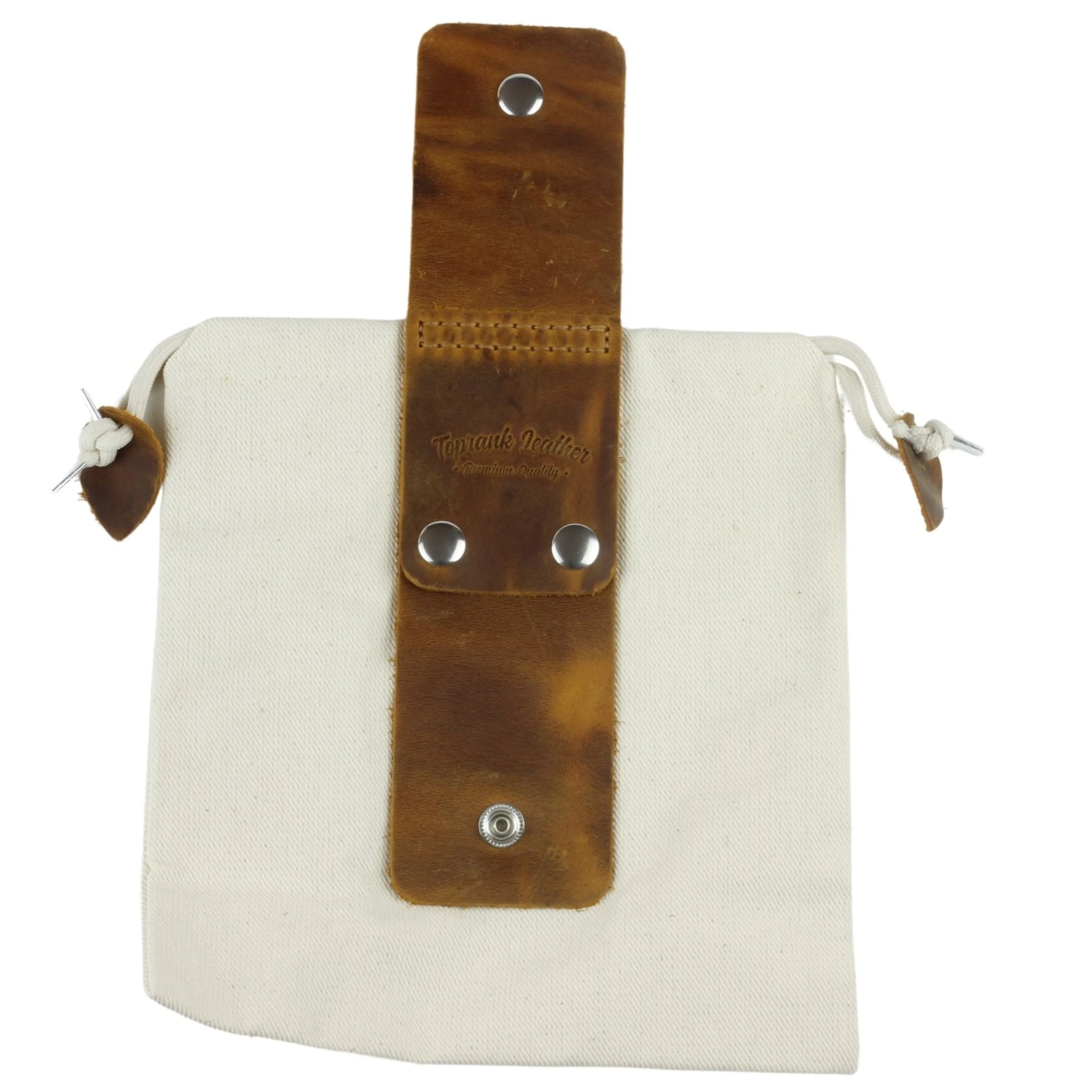 Canvas pouch with leather strap and metal clasps on a white background 