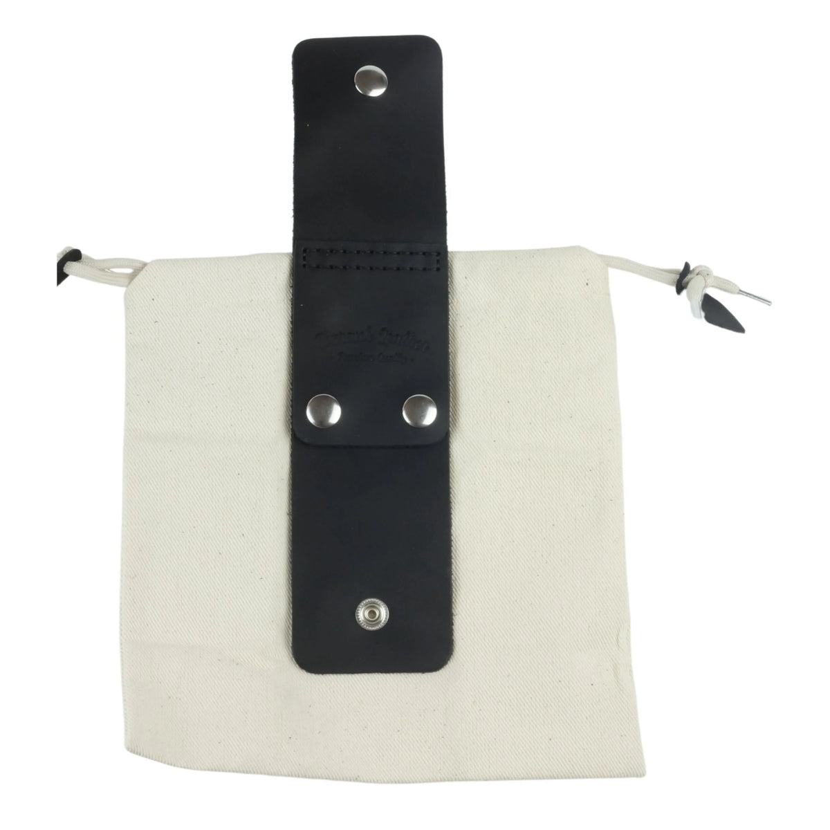 White pouch with black leather strap and metal grommets on a white background 
