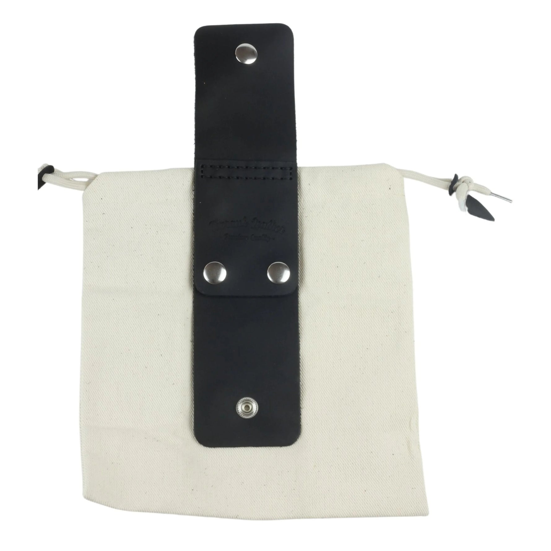 White pouch with black leather strap and metal grommets on a white background 