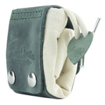 Green leather case with a white strap and metal buttons on a white background 