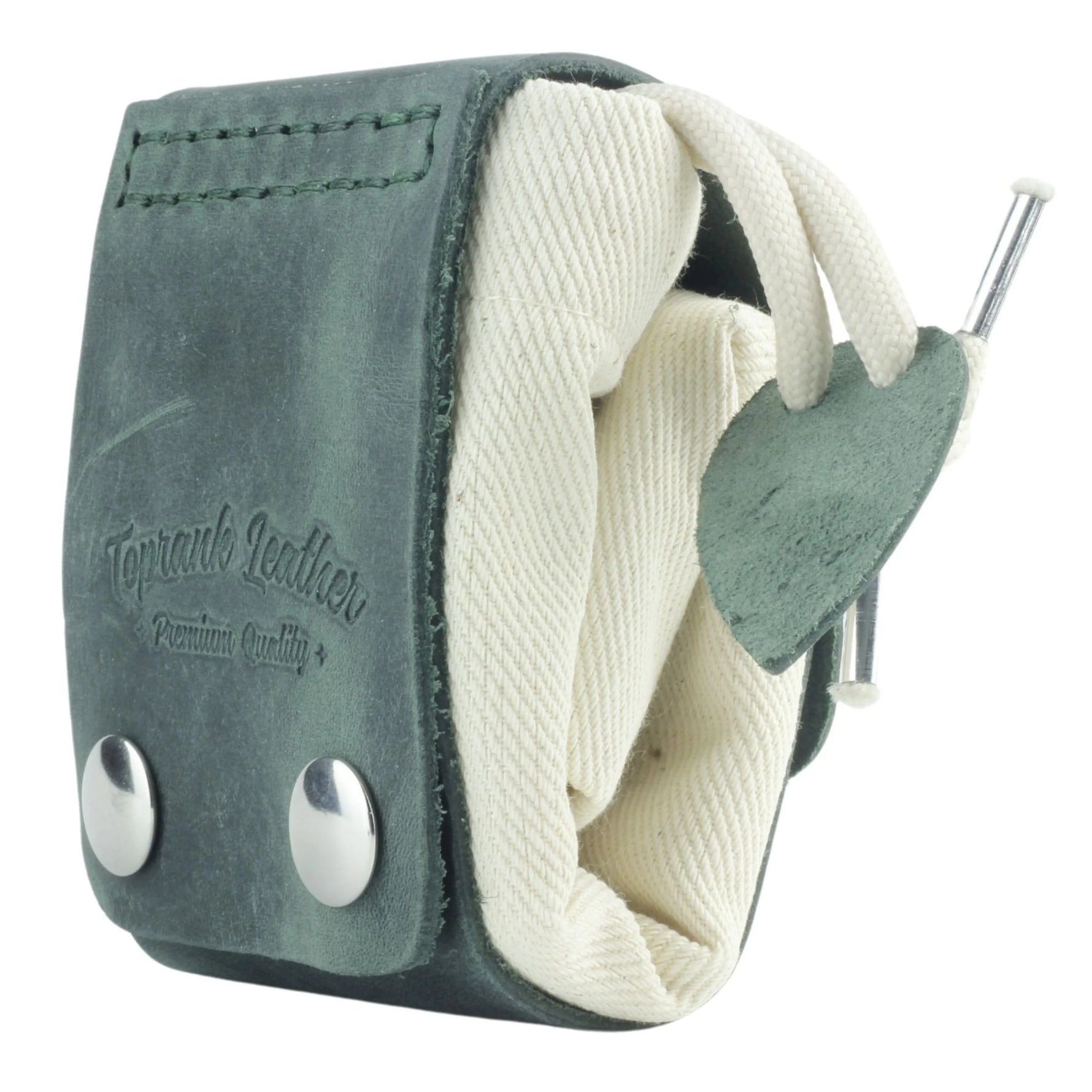 Green leather case with a white strap and metal buttons on a white background 