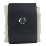 Black leather pouch with a silver button on a white background 