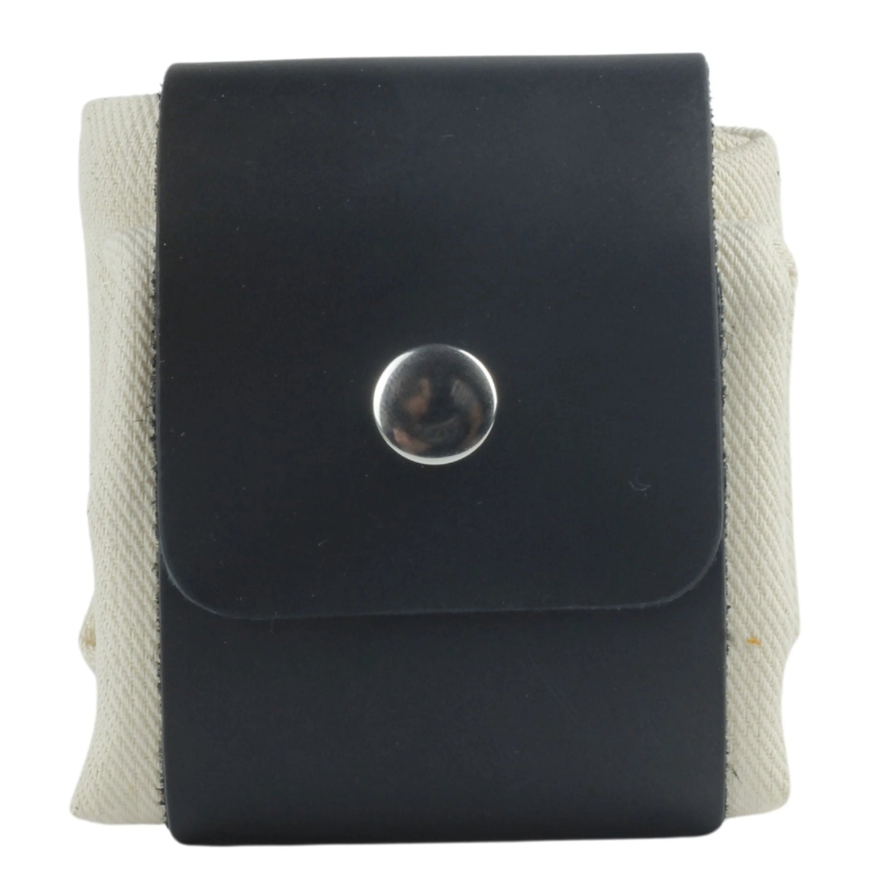 Black leather pouch with a silver button on a white background 