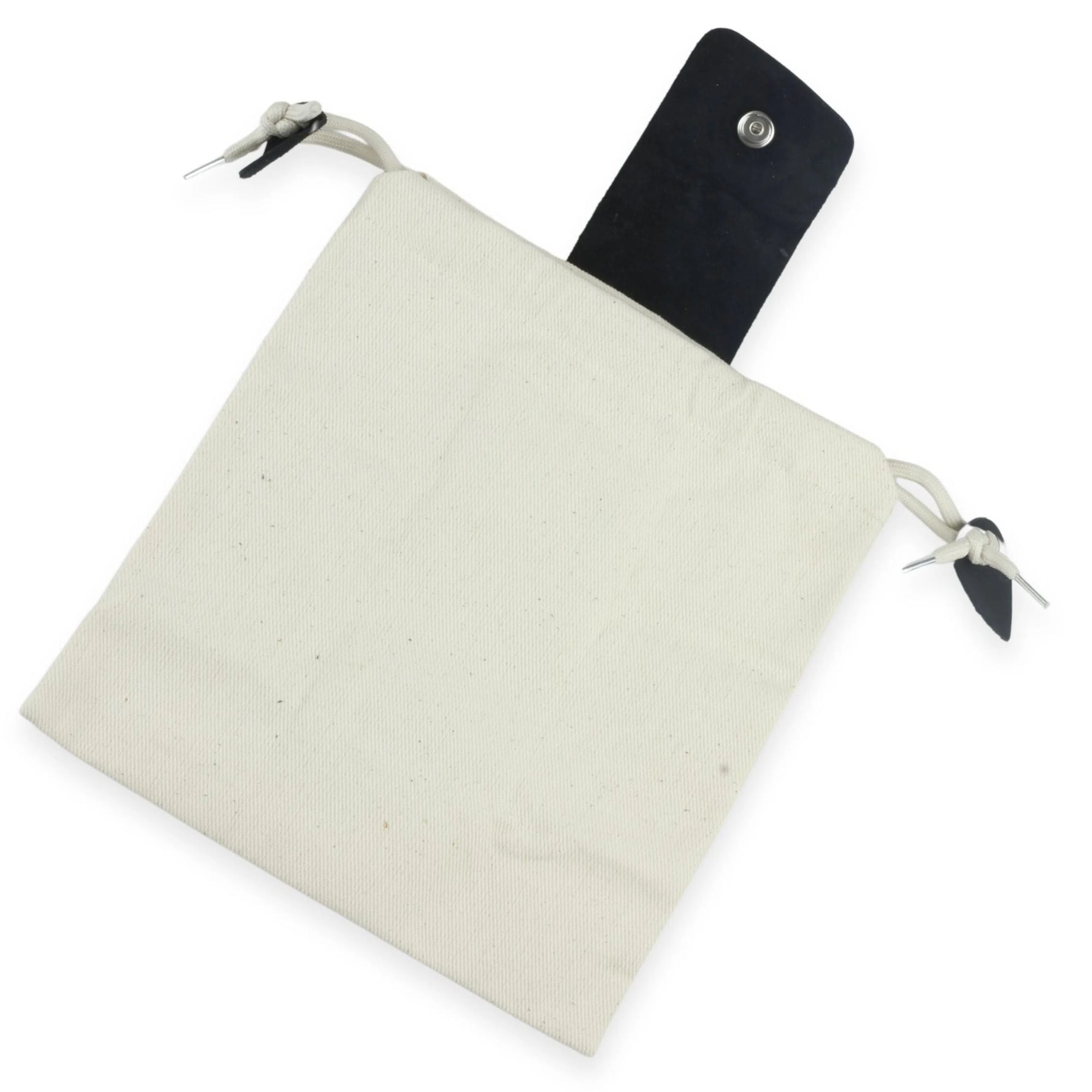 Beige pouch with a black item inside on a white background 