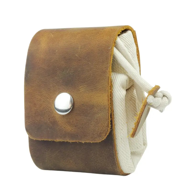 Brown leather foraging pouch with drawstring, ideal leather foraging pouch accessorie