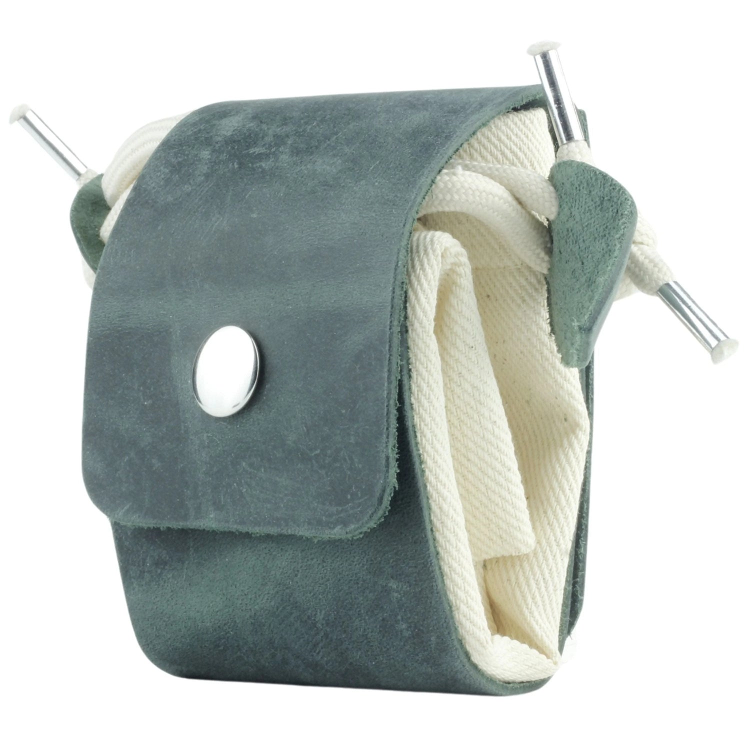 Green leather knitting needle case with white interior on a white background 
