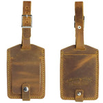 Two brown leather luggage tags made of full-grain leather for stylish bag tags 