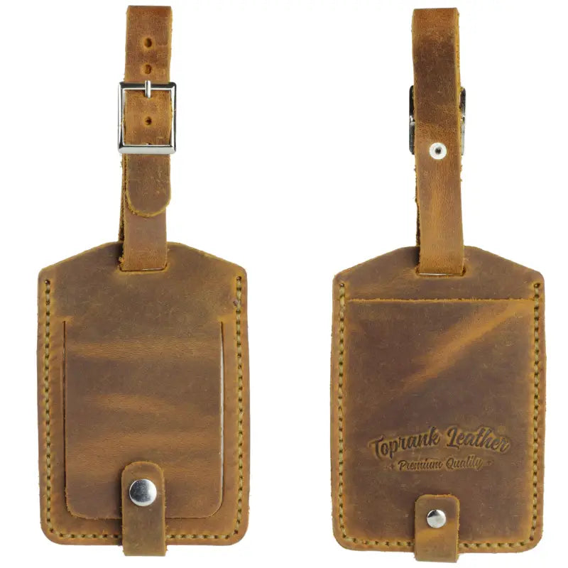 Two brown leather luggage tags made of full-grain leather for stylish bag tags #Camel