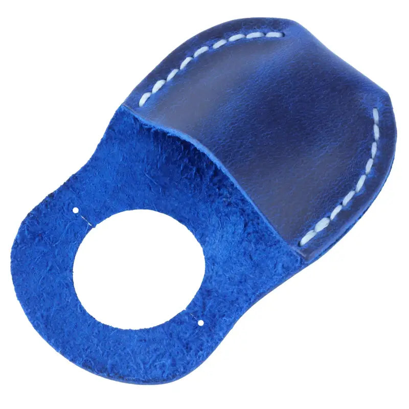 Hand-stitched blue leather thumb guard with reinforced edges for extra durability.