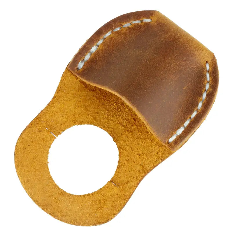 Brown leather finger loop on Leather Thumb Guard for wood carving and carving safety #Camel