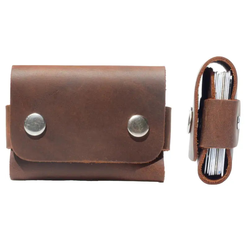 Brown leather card holder with metal snaps, stylish leather cardholder wallet for men #Tan