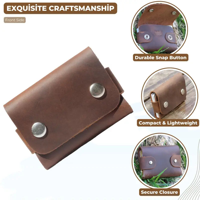 Brown leather cardholder wallet with snap closures, minimalist leather card holder 