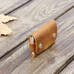Brown leather cardholder wallet with silver snaps, stylish leather card holder for men 