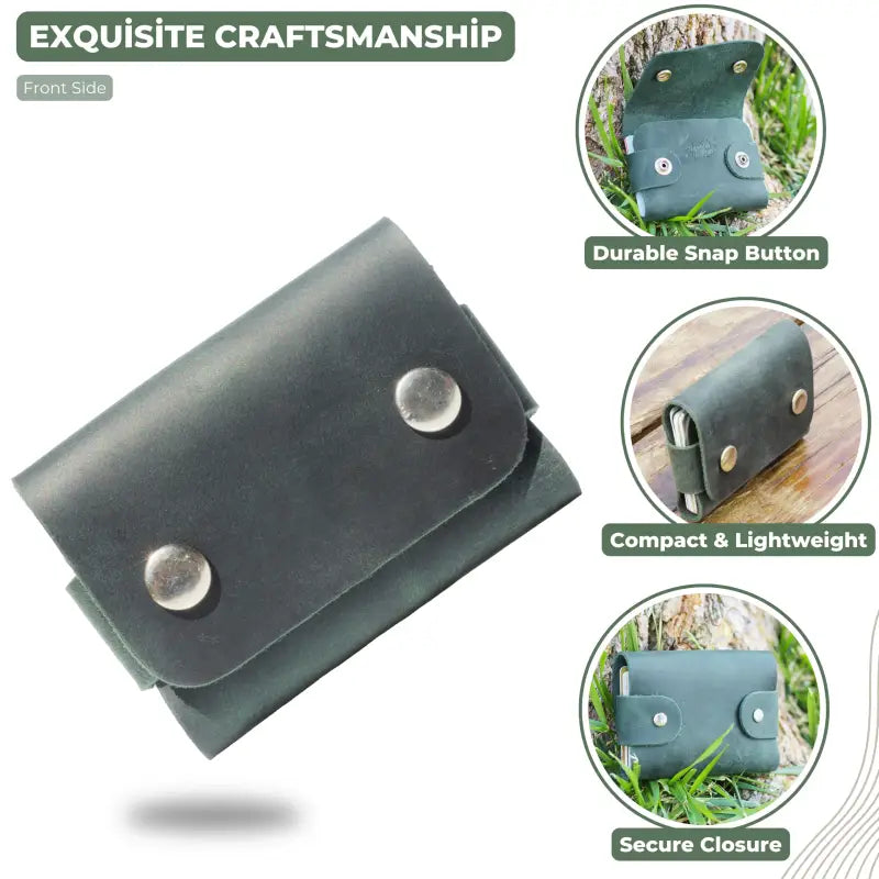 Dark green leather cardholder wallet with snap closures, stylish leather card holder 