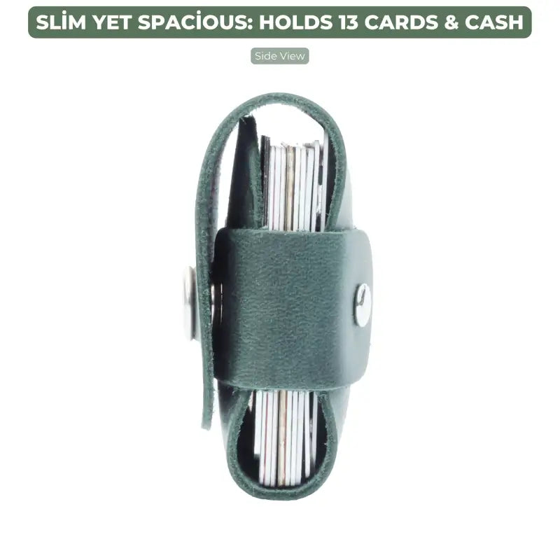 Green leather card holder displayed in minimalist leather card holder product 