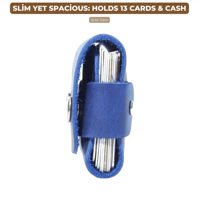 Blue leather card holder featuring a minimalist design, perfect for leather cardholder accessories 