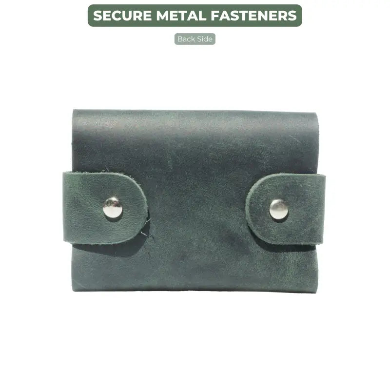 Green leather card holder wallet with metal fasteners, stylish leather cardholder accessory 