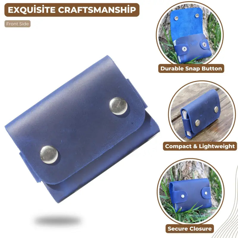 Blue leather card holder wallet with snap closure, stylish leather cardholder accessory 
