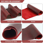 Red leather sheets showcasing textures and thicknesses for crafting and tooling leather 