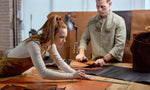 Leatherworking artisans at work with premium full grain leather sheets for crafts and DIY 