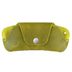 Olive-green leather eyeglass case with snap closure, slim leather sunglasses case 