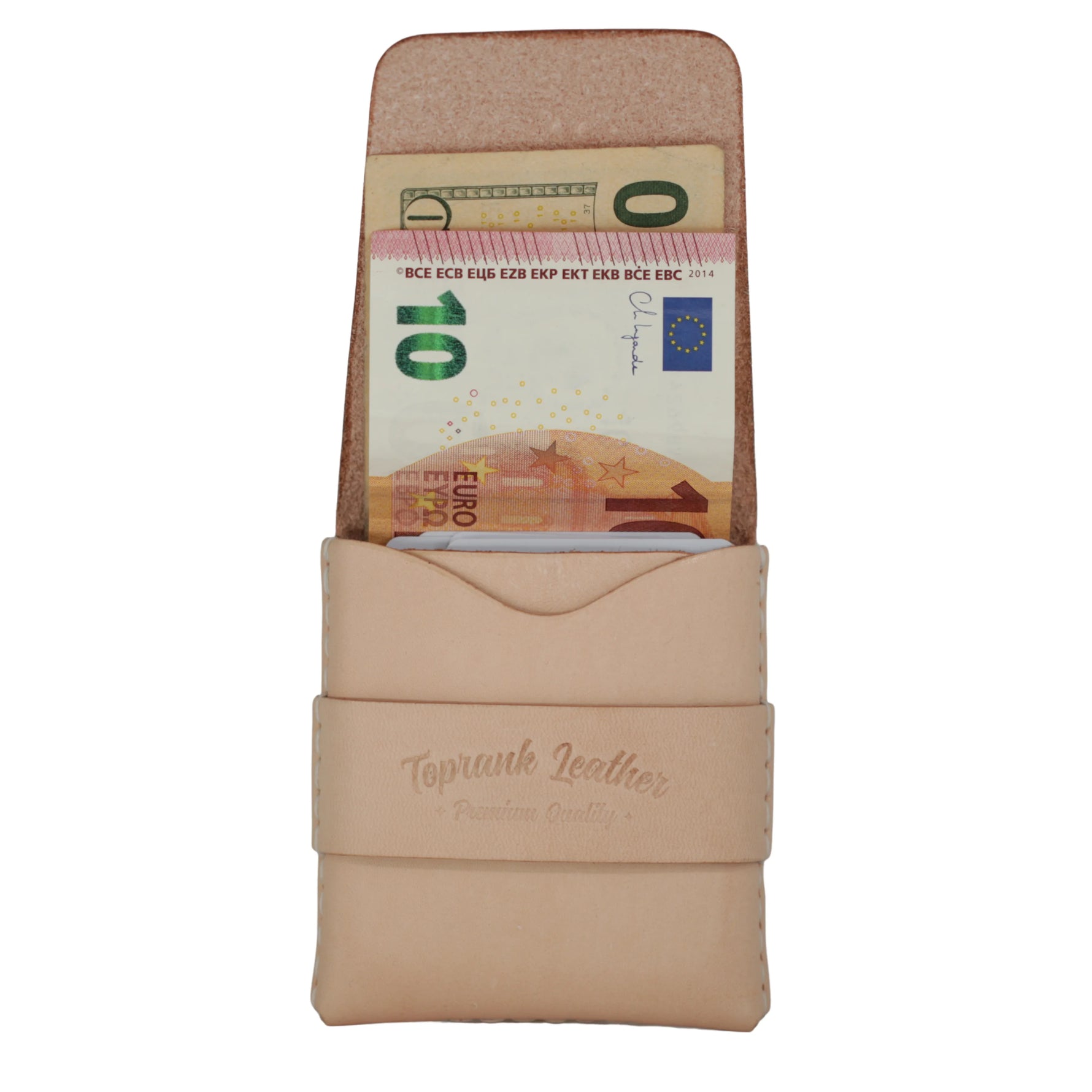A beige leather card holder wallet with a strap closure embossed with 'Toprank Leather', holding a 10 Euro banknote in its top slot, shown against a plain white background. 