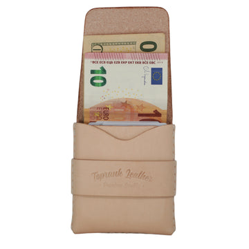 A beige leather card holder wallet with a strap closure embossed with 'Toprank Leather', holding a 10 Euro banknote in its top slot, shown against a plain white background. 