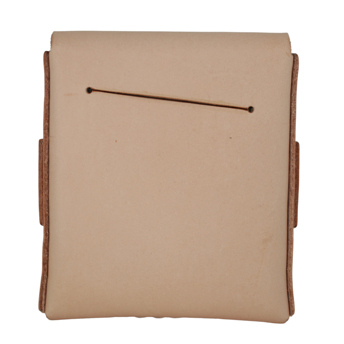 A beige leather card holder or wallet with brown leather trim and a single metal pin across the top, shown against a plain white background. 