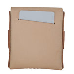 A tan leather card holder or wallet with a vertical slot containing a light gray card, shown against a plain white background. 