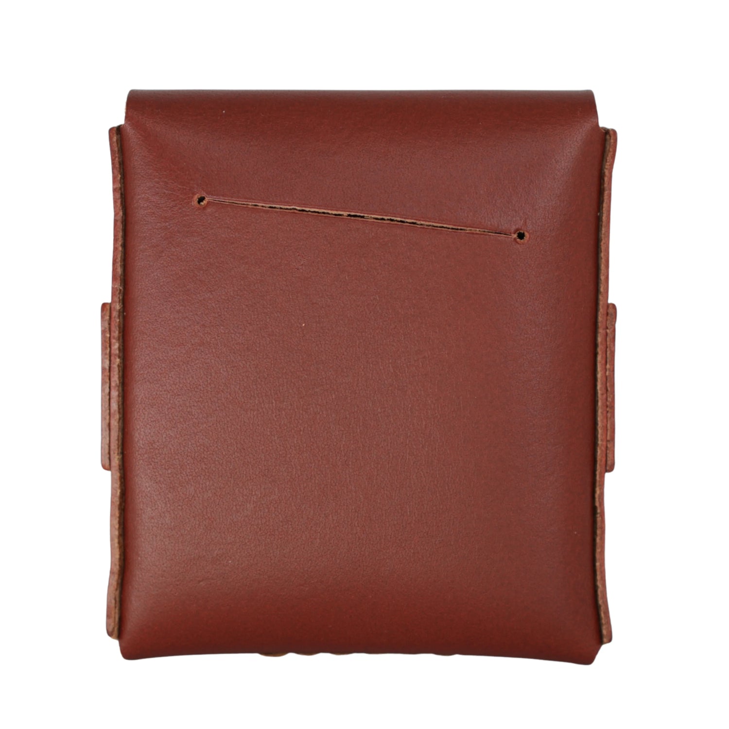 A reddish-brown leather pouch or case with visible grain texture, straight stitched edges, and a small horizontal stitched detail near the top, shown against a plain white background.